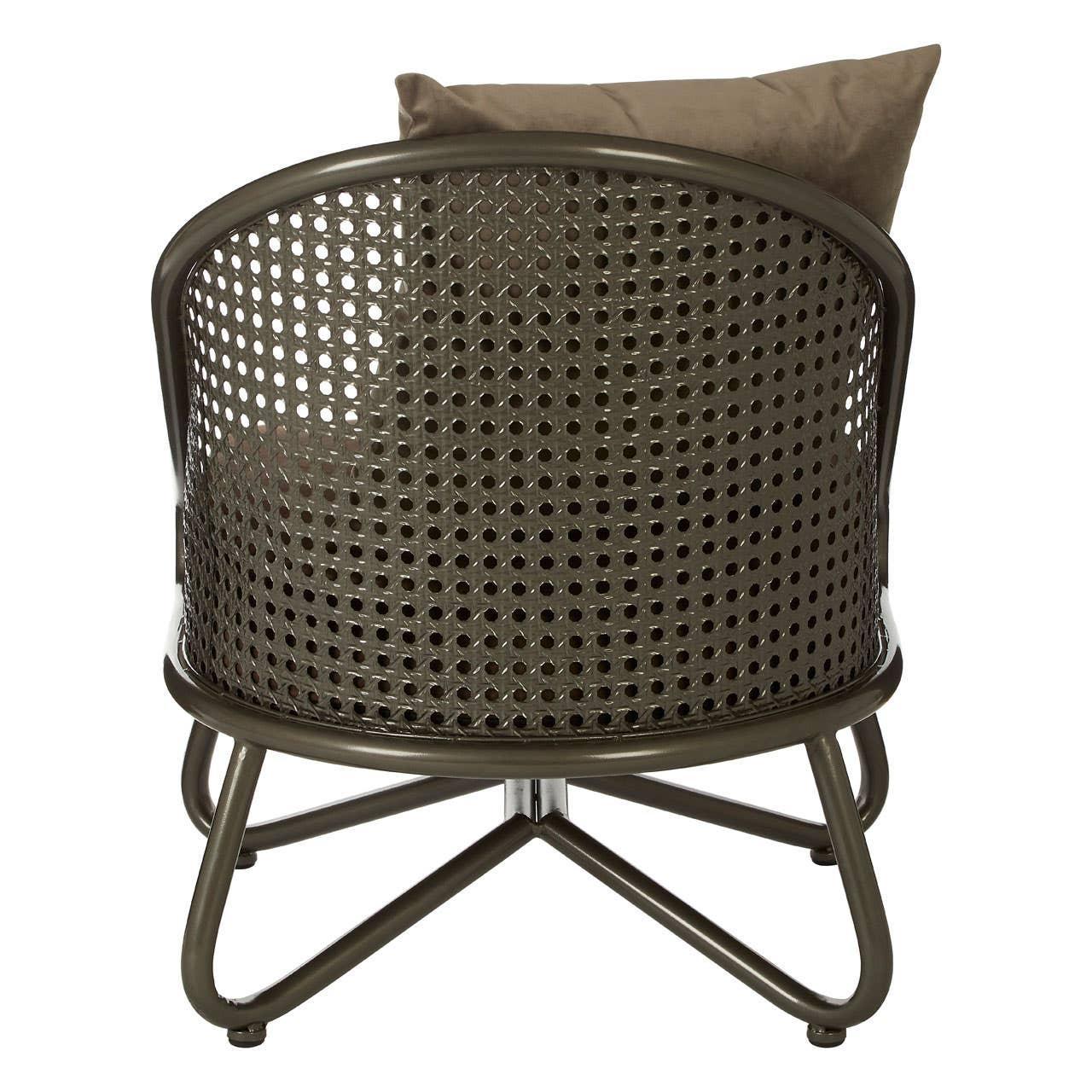 Brown rattan effect chair with metal frame and cushion viewed from the back