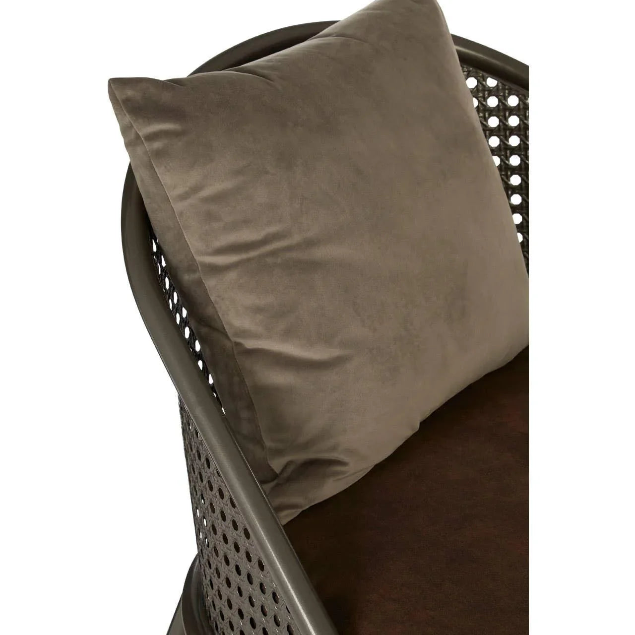 Close-up of brown cushioned rattan chair with curved metal frame and soft back pillow