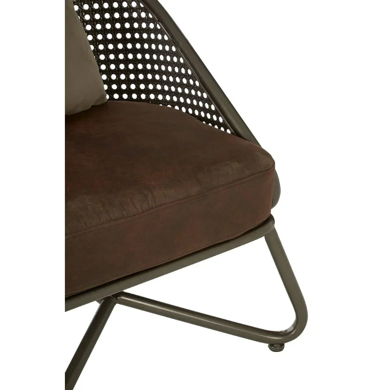 Close-up of brown cushioned chair with metal frame and perforated backrest