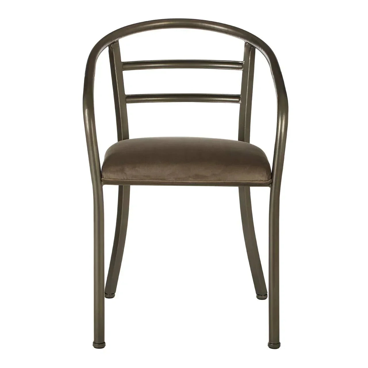Brown metal dining chair with curved backrest and padded seat, front view