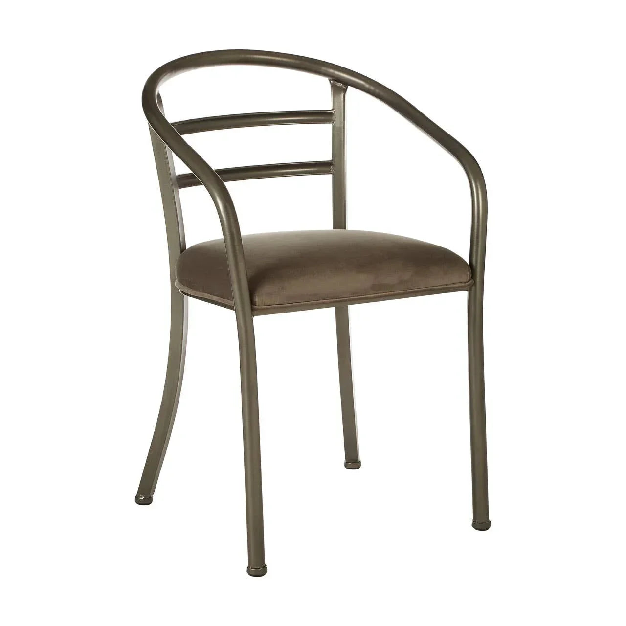 Metal dining chair with curved backrest and cushioned brown seat, front angle view