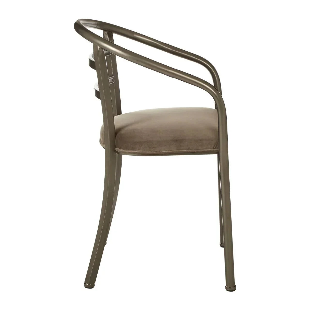 Metal dining chair with curved backrest and taupe upholstered seat, side profile view