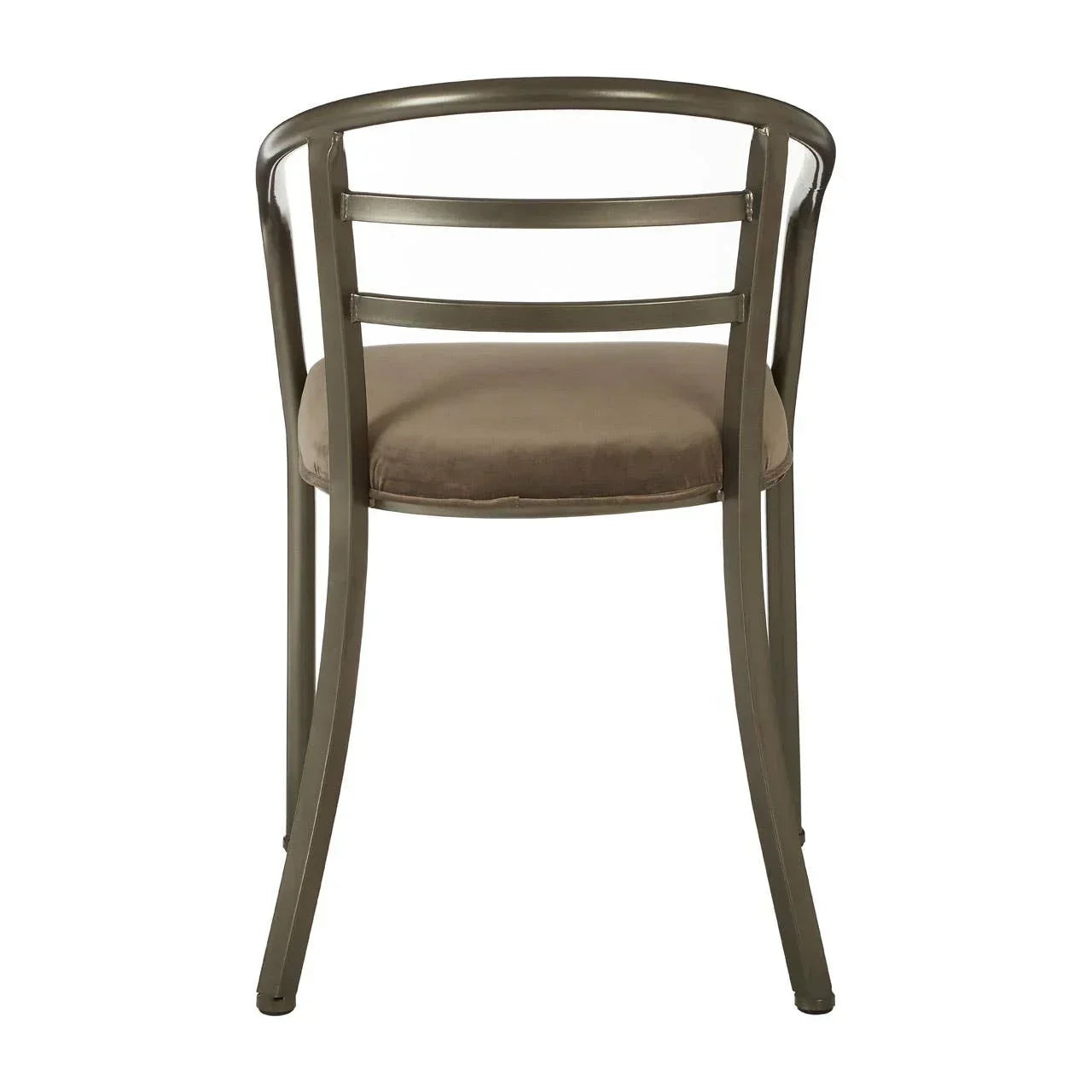 Metal dining chair with curved backrest and taupe upholstered seat, rear view