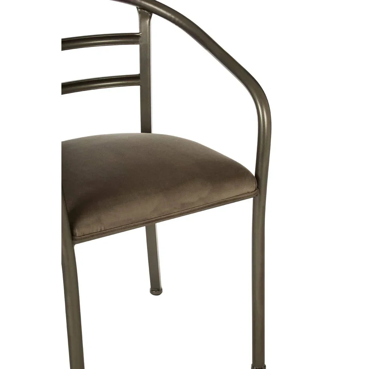 Metal dining chair with brown cushioned seat and curved backrest, side angle view