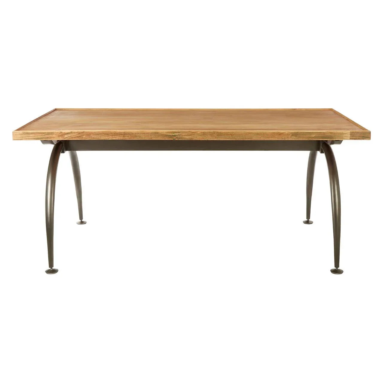 Rectangular wooden dining table with curved metal legs on white background