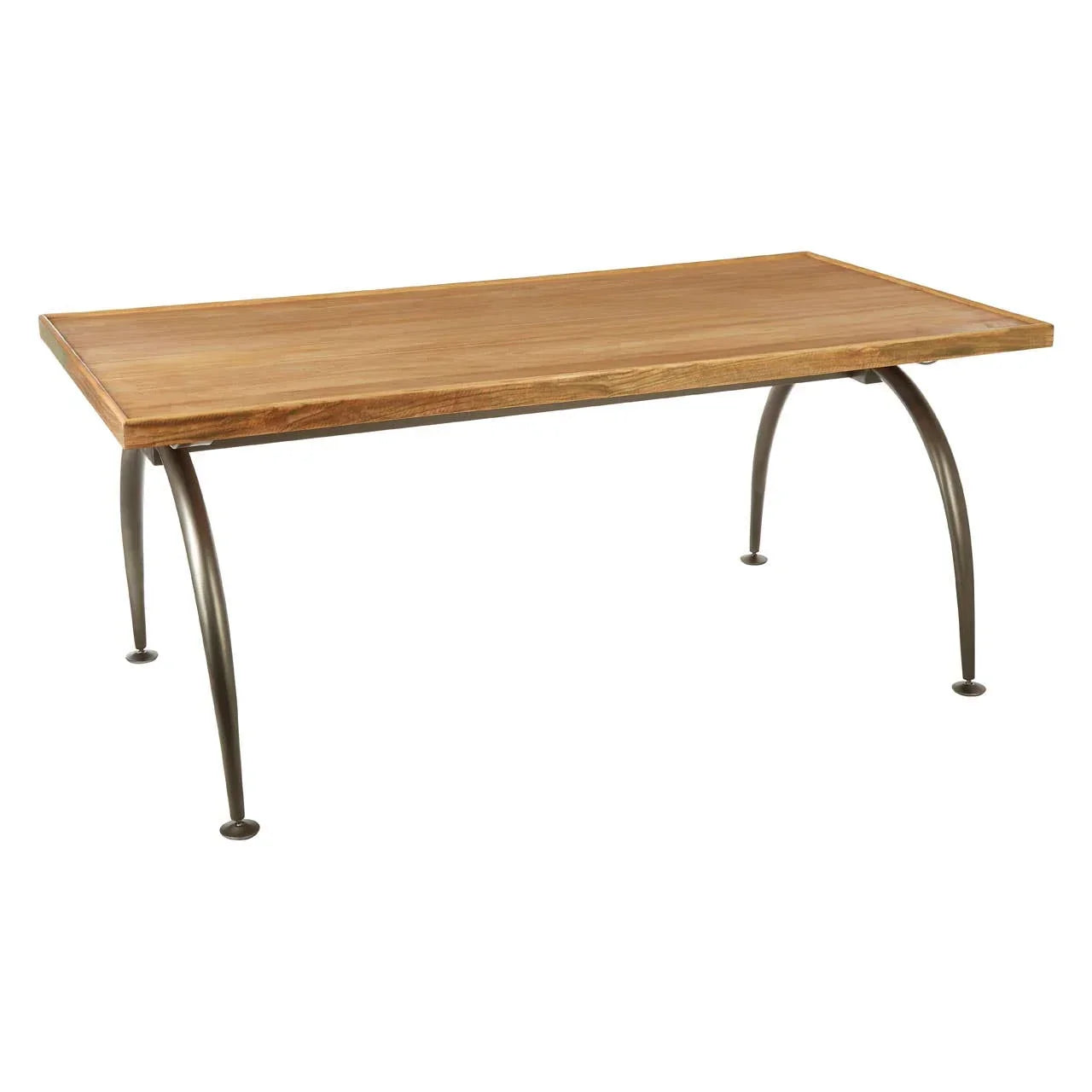 Rectangular wooden dining table with black curved metal legs on white background
