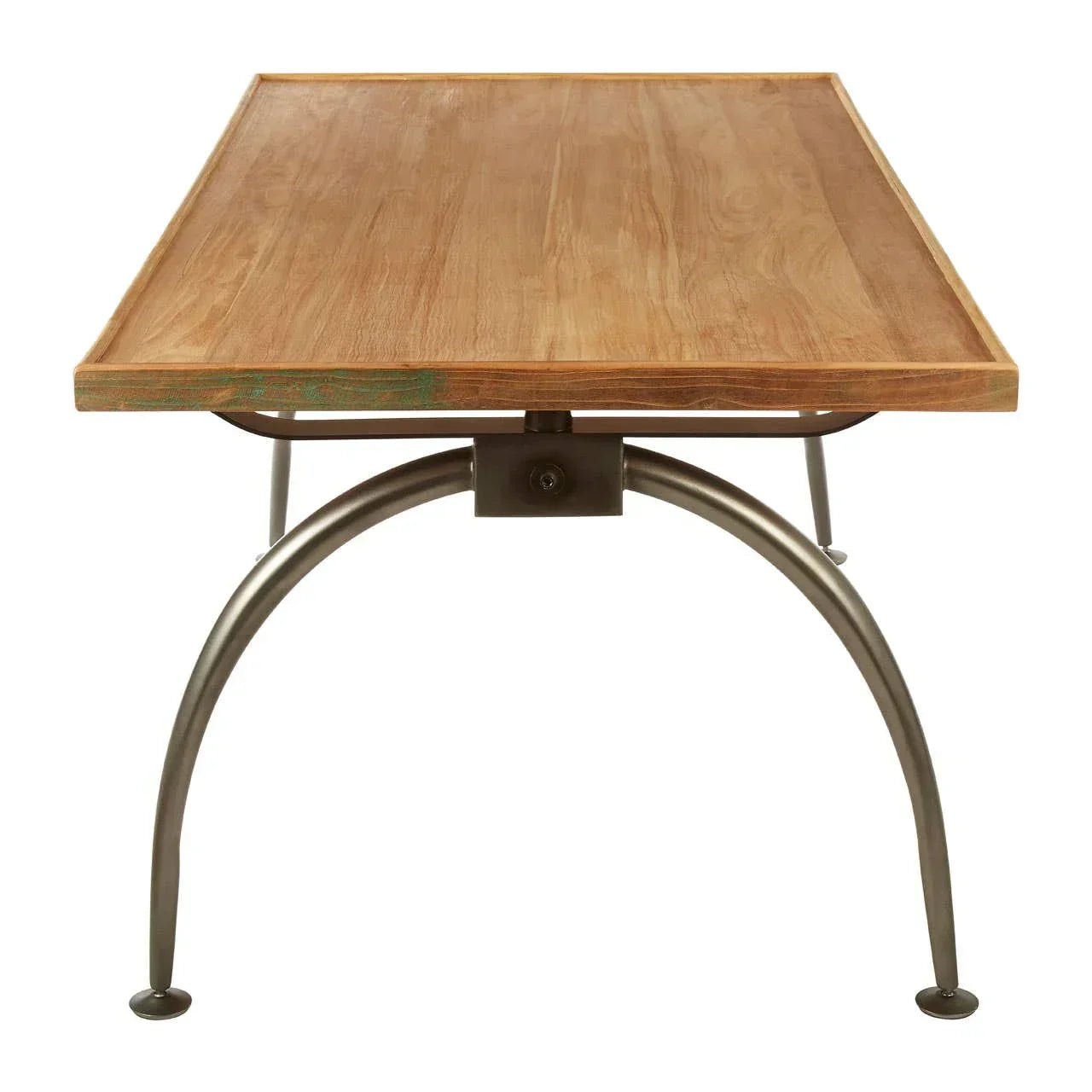 Rectangular wooden dining table with arched metal legs, front view