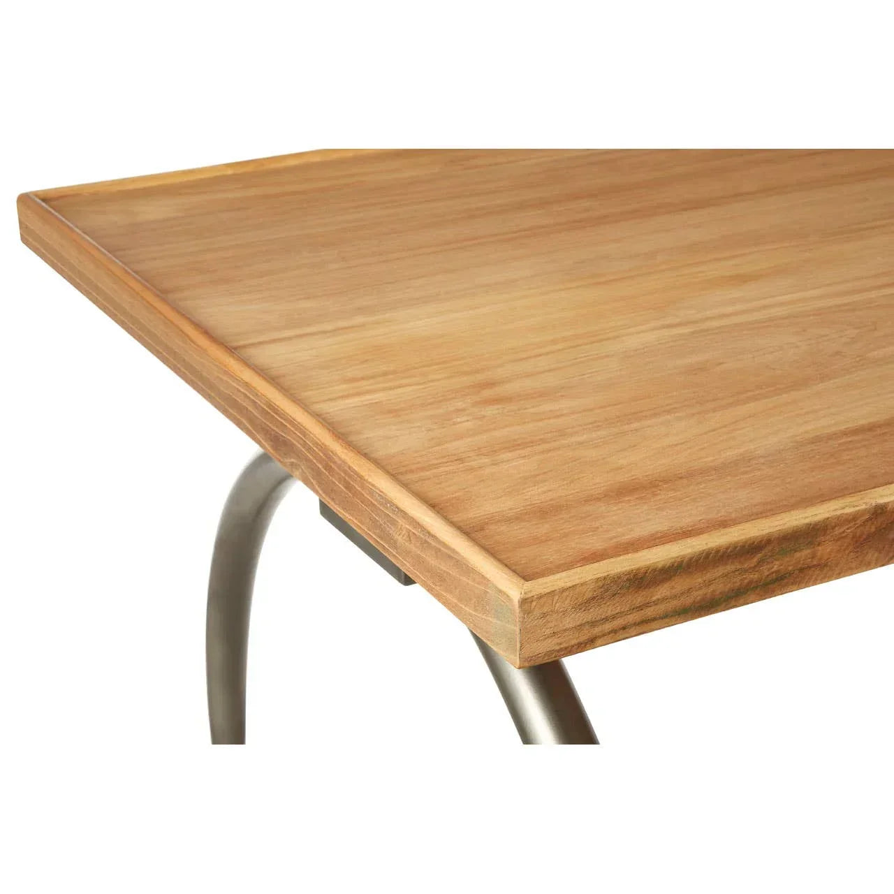 Corner view of wooden dining table with natural wood grain and metal leg
