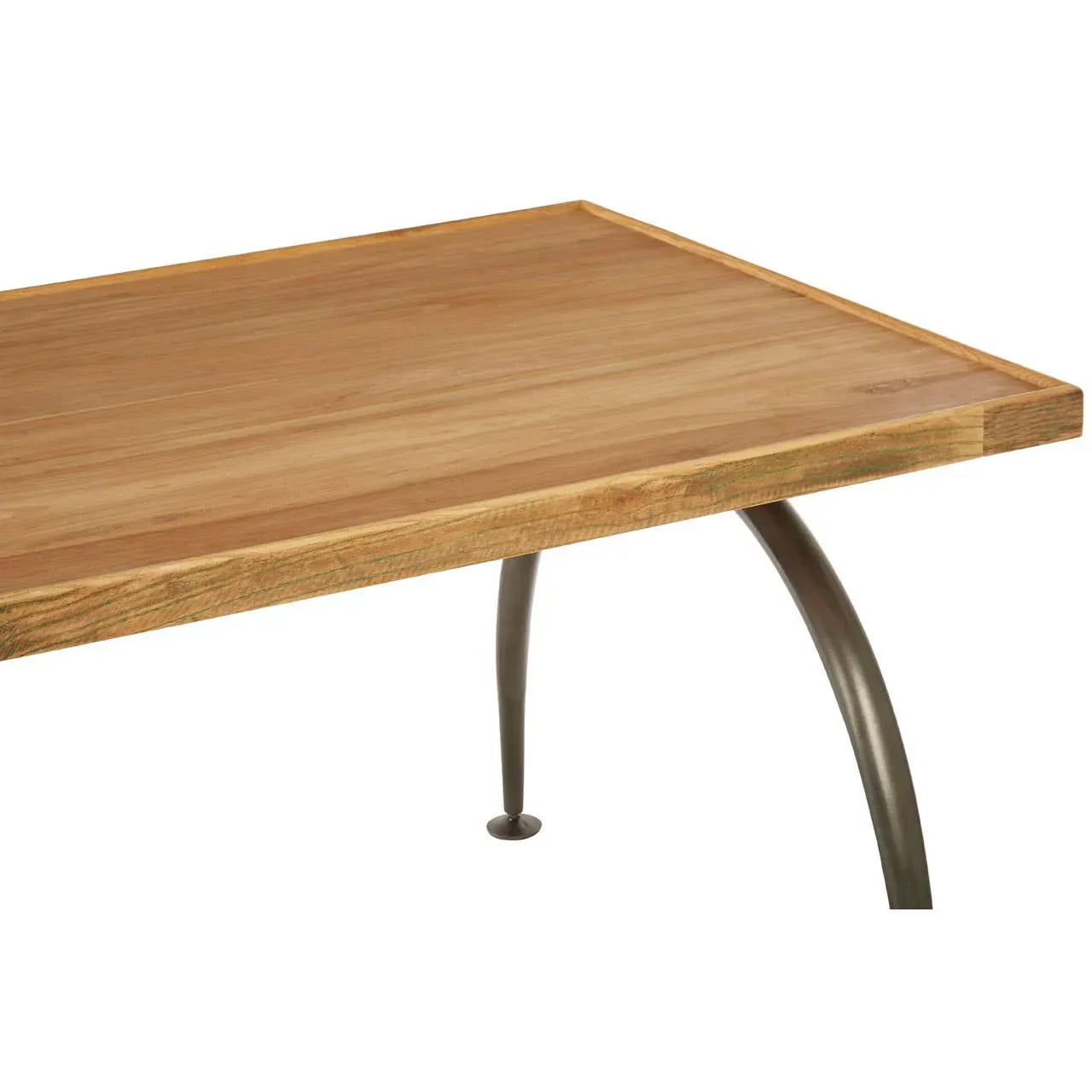 Rectangular wood dining table with metal curved legs, close-up of tabletop and corner