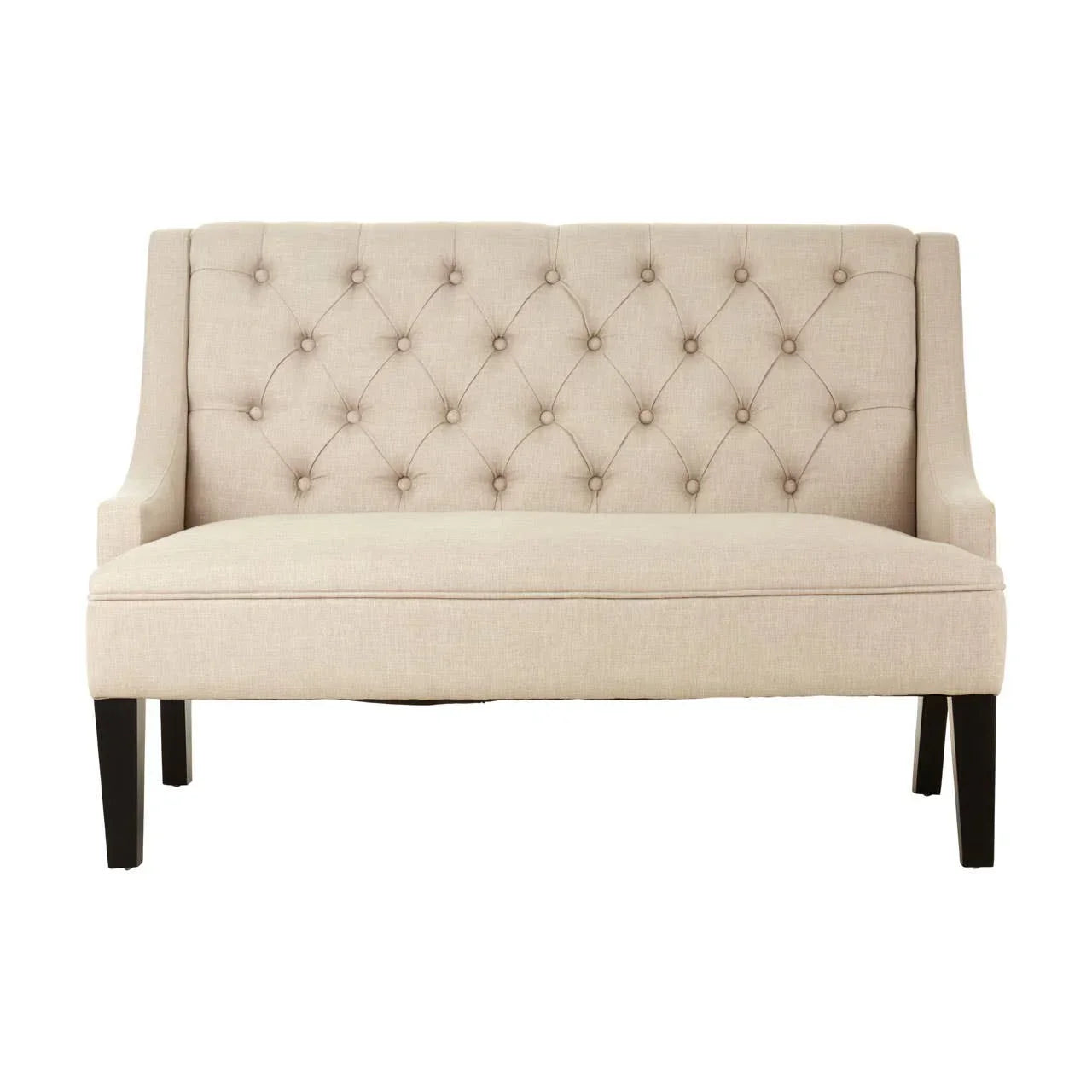 Beige fabric upholstered sofa with button-tufted back and dark wooden legs, front view