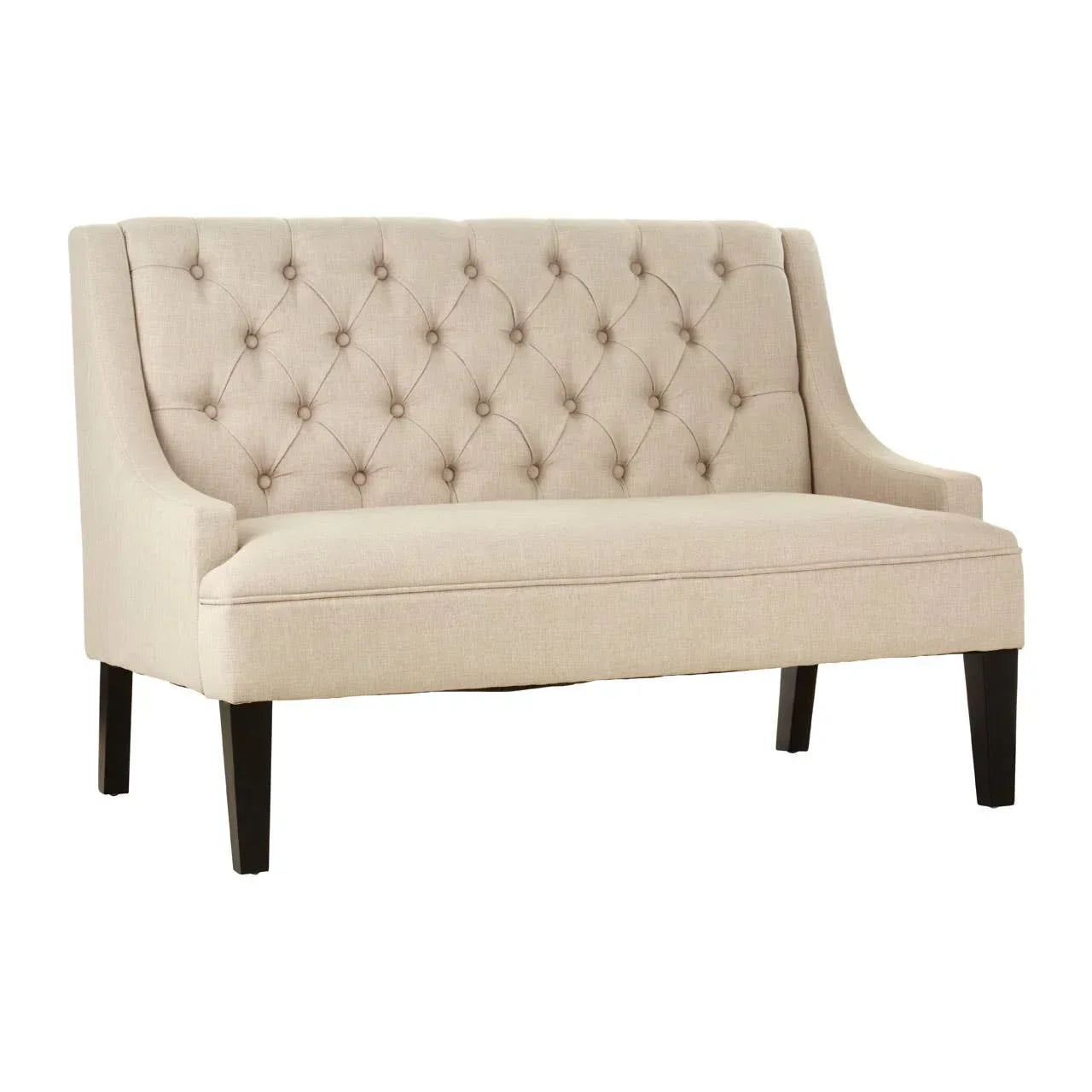 Beige upholstered sofa with button-tufted backrest and dark wooden legs, front angle