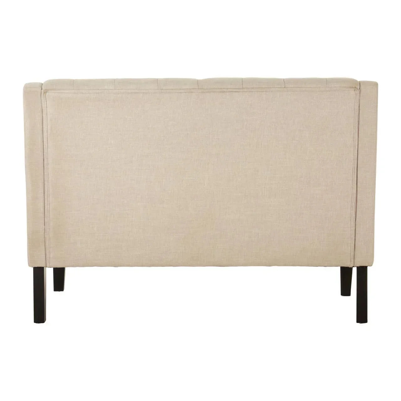 Beige fabric sofa back view with black metal legs and clean lines