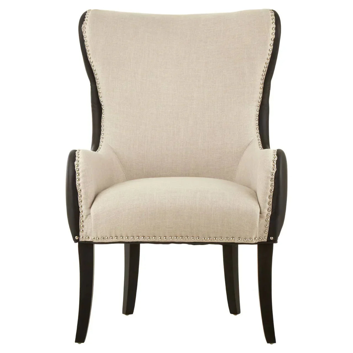 Beige upholstered accent chair with dark wooden legs and silver nailhead trim, front view