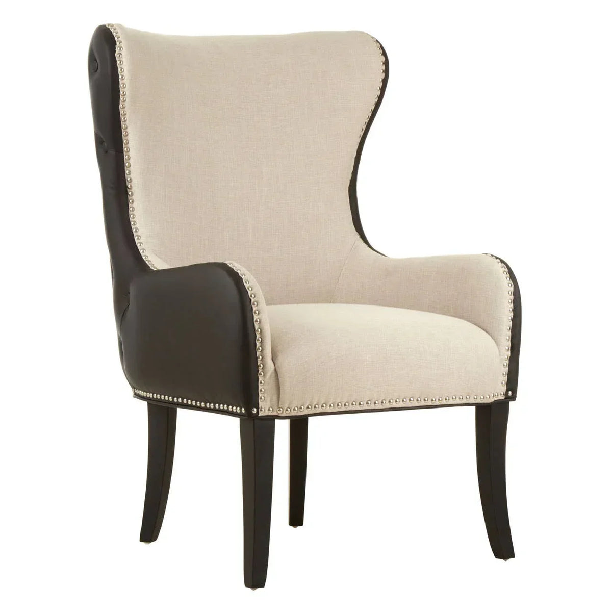 Beige upholstered accent chair with black faux leather sides and nailhead trim