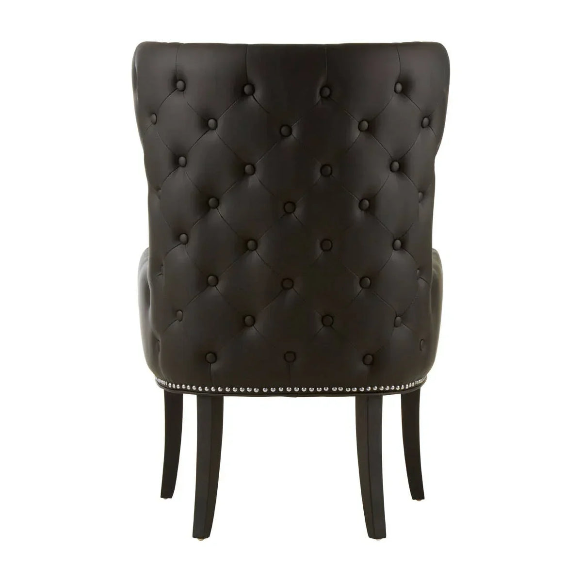 Tufted black leather dining chair with silver stud detailing, rear view, wooden legs