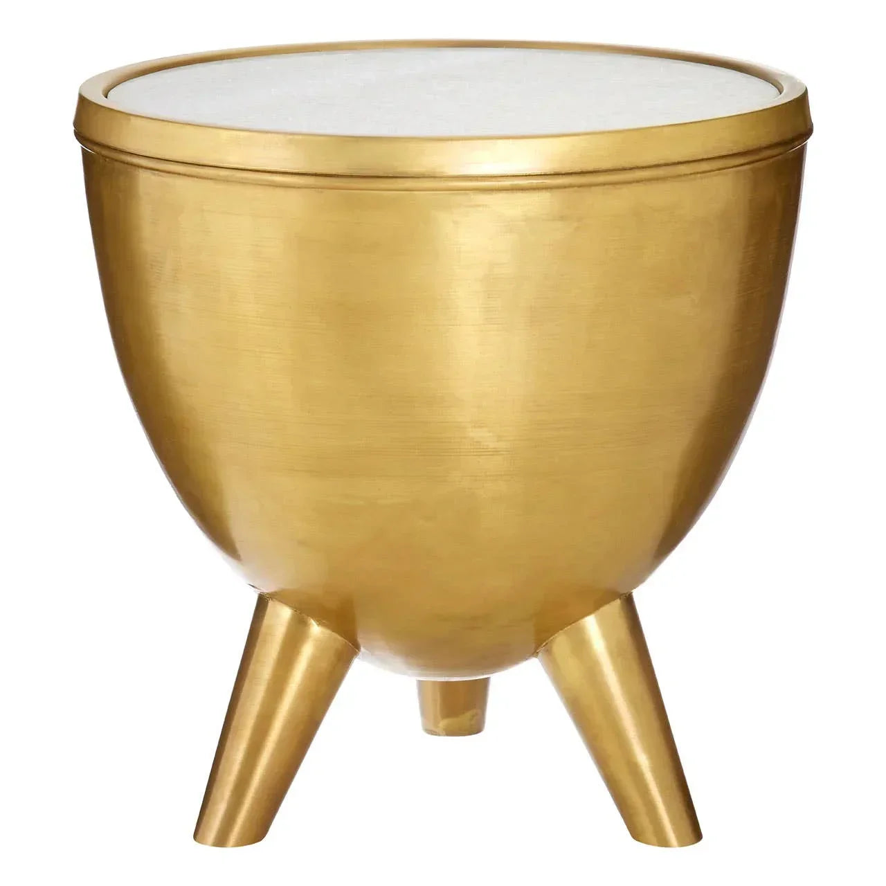 Gold metal side table with white marble top and tripod legs, modern furniture design