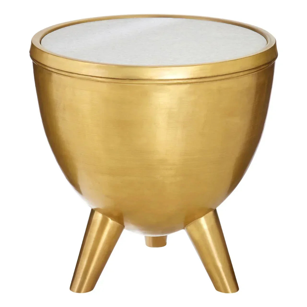 Gold metal side table with tripod legs and round white top