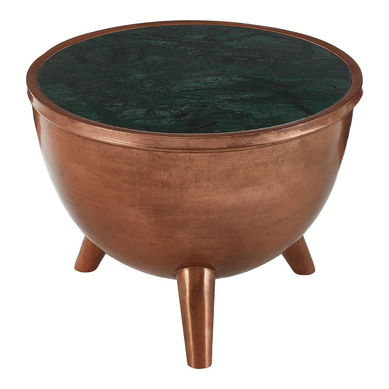 Round copper side table with green marble top and three angled legs