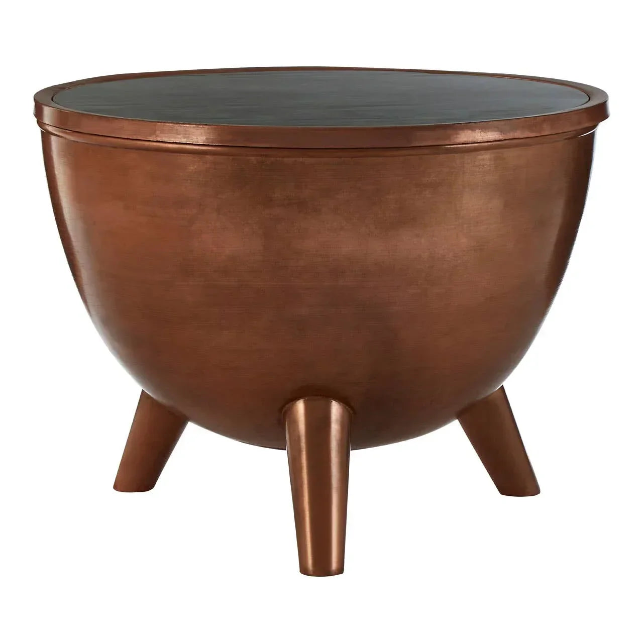 Copper metal side table with round top and three angled legs