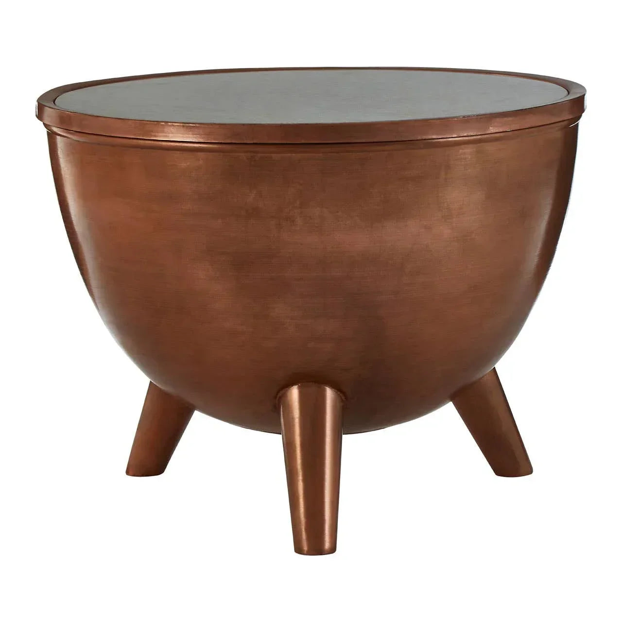 Round copper side table with tripod legs and smooth finish
