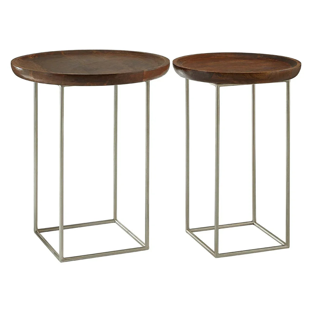 Set of two side tables with round wooden tops and metal frames