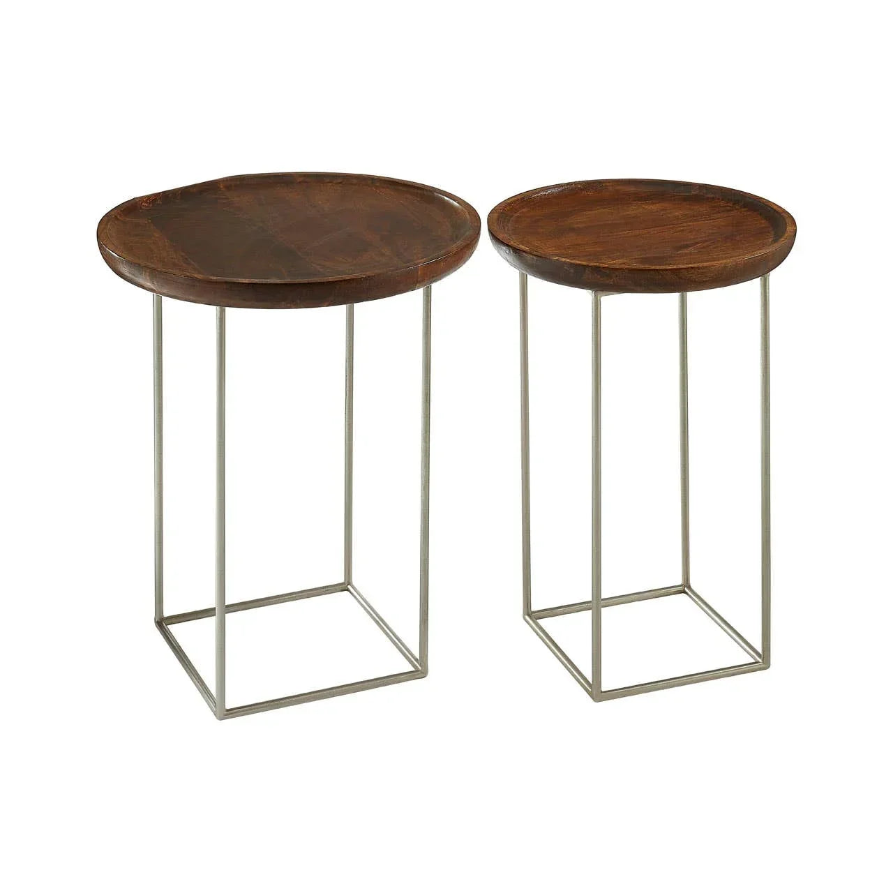 Set of two round wooden side tables with metal frames, modern nesting table design