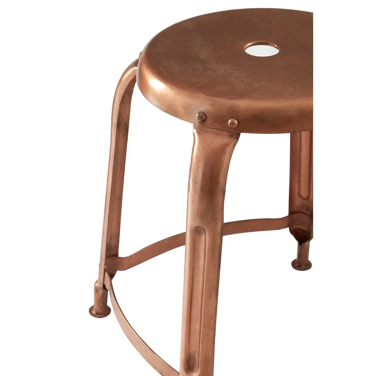 Copper metal bar stool with round seat and sturdy curved legs, industrial style