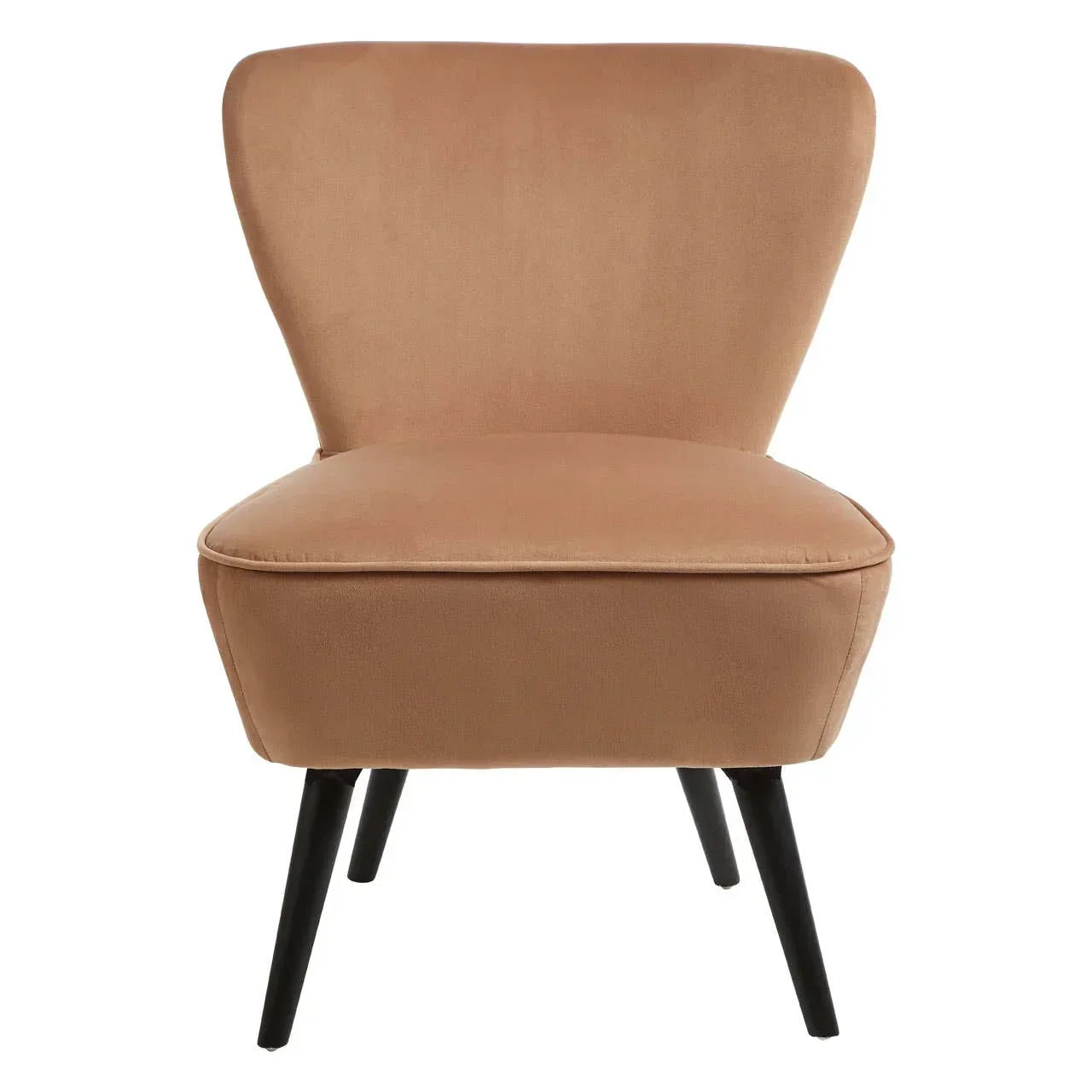 Tan fabric accent chair with curved backrest and black angled legs, front view
