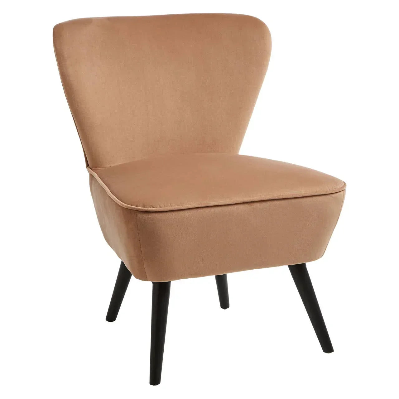 Tan velvet accent chair with curved backrest and black angled wooden legs
