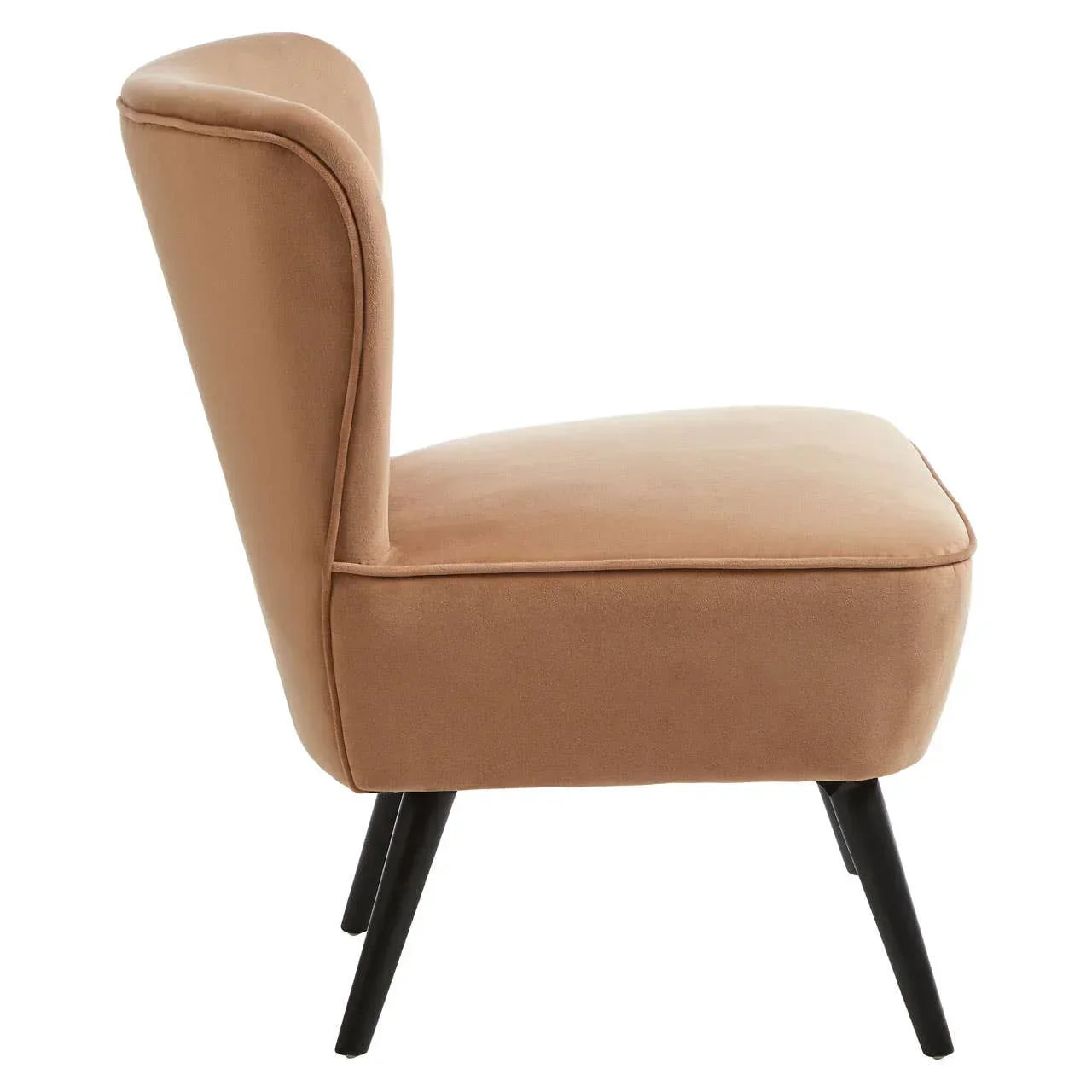 Side view of beige accent chair with curved backrest and black tapered legs