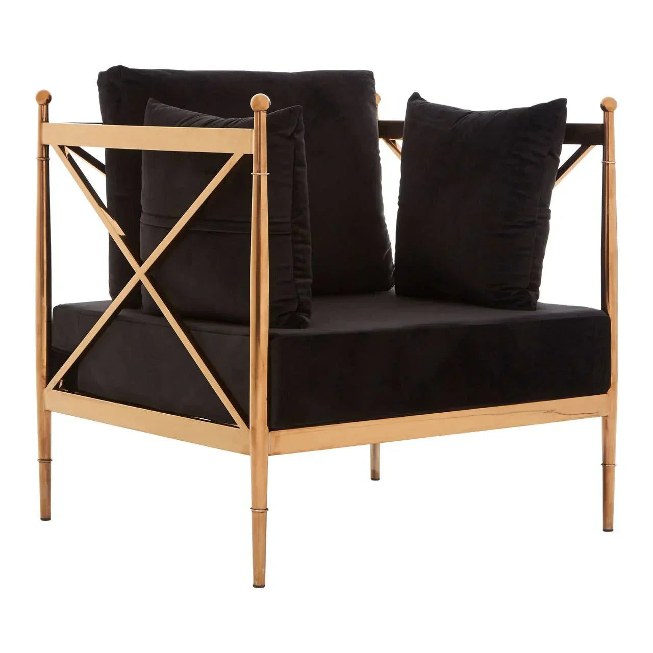 Black velvet armchair with gold metal frame and plush cushions, angled corner view