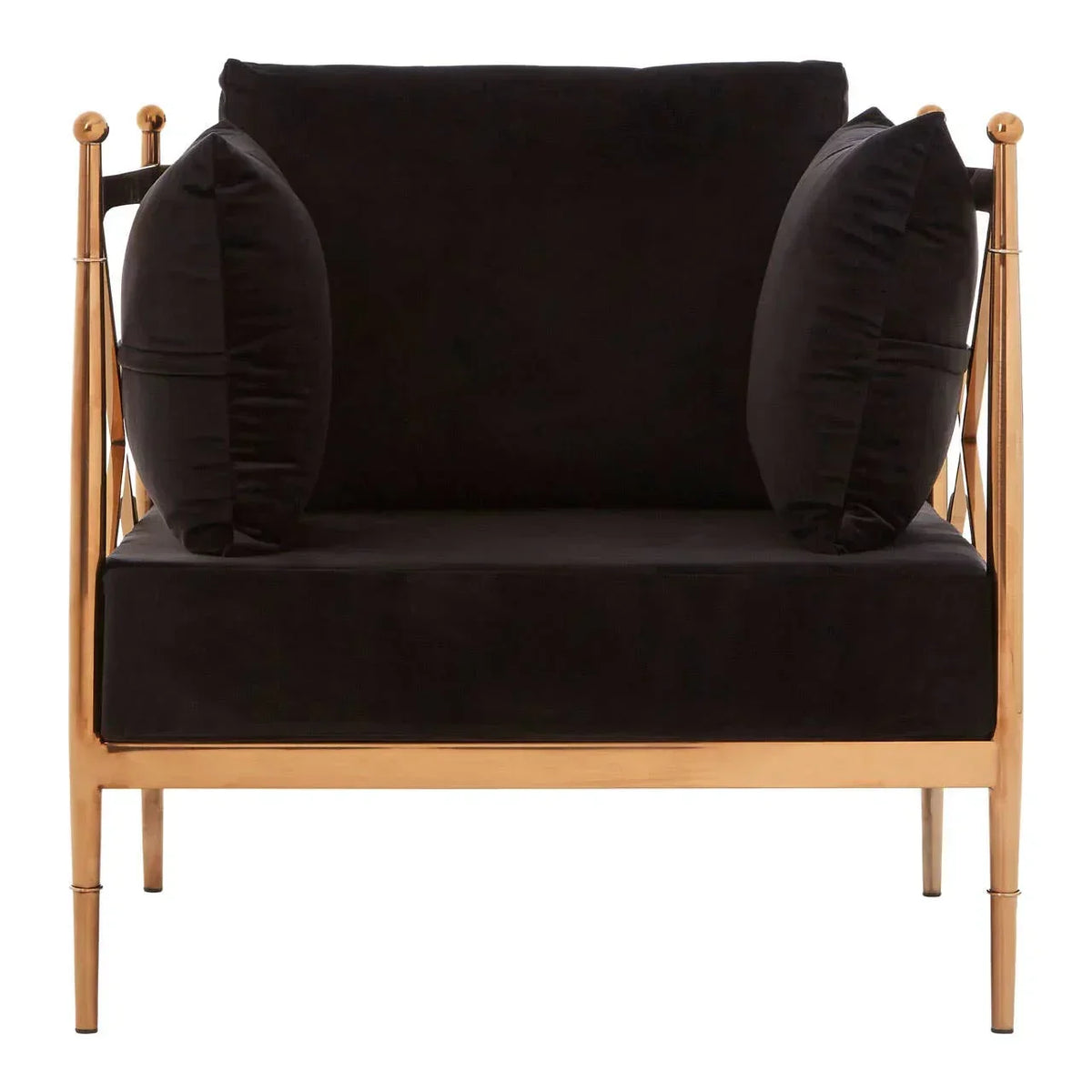 Black velvet armchair with gold metal frame and two matching side cushions, front view