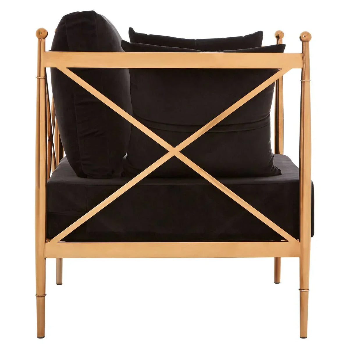 Black velvet armchair with gold metal frame and cross-brace design, side view