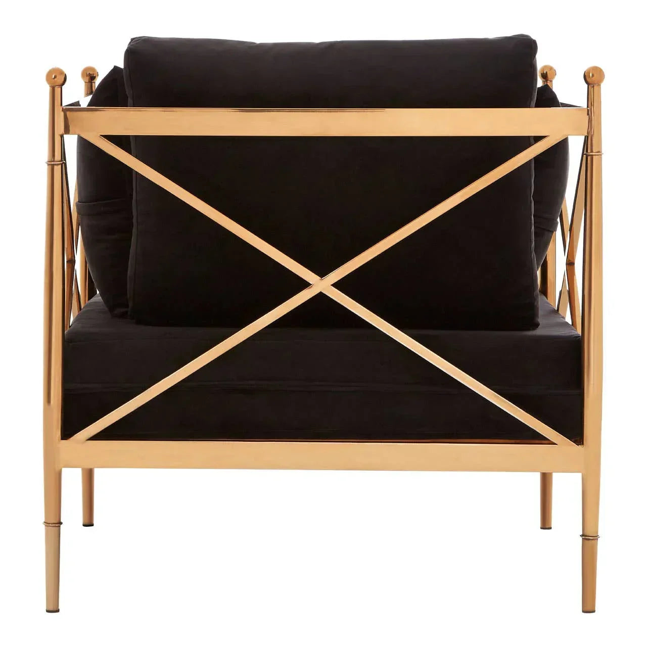Gold metal armchair frame with black velvet cushions, back view, modern accent chair