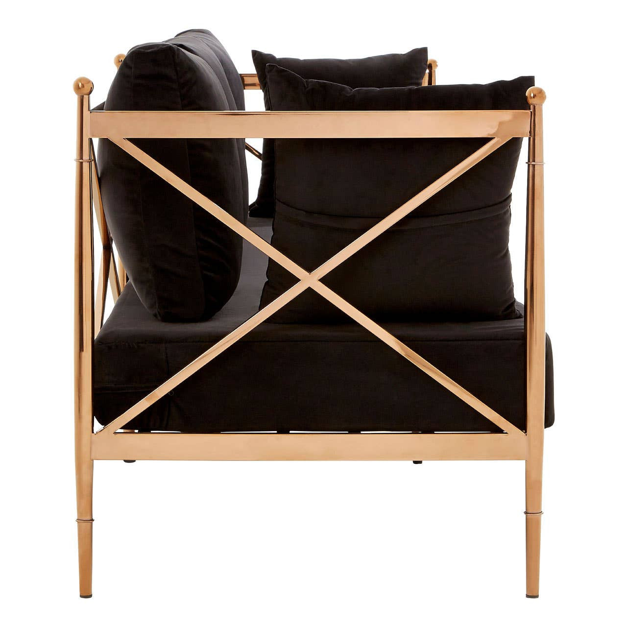 Black velvet three-seater sofa with a rose gold frame, featuring plush back cushions and a sleek, modern design. The back view showcases the cross-braced frame and the soft texture of the upholstery