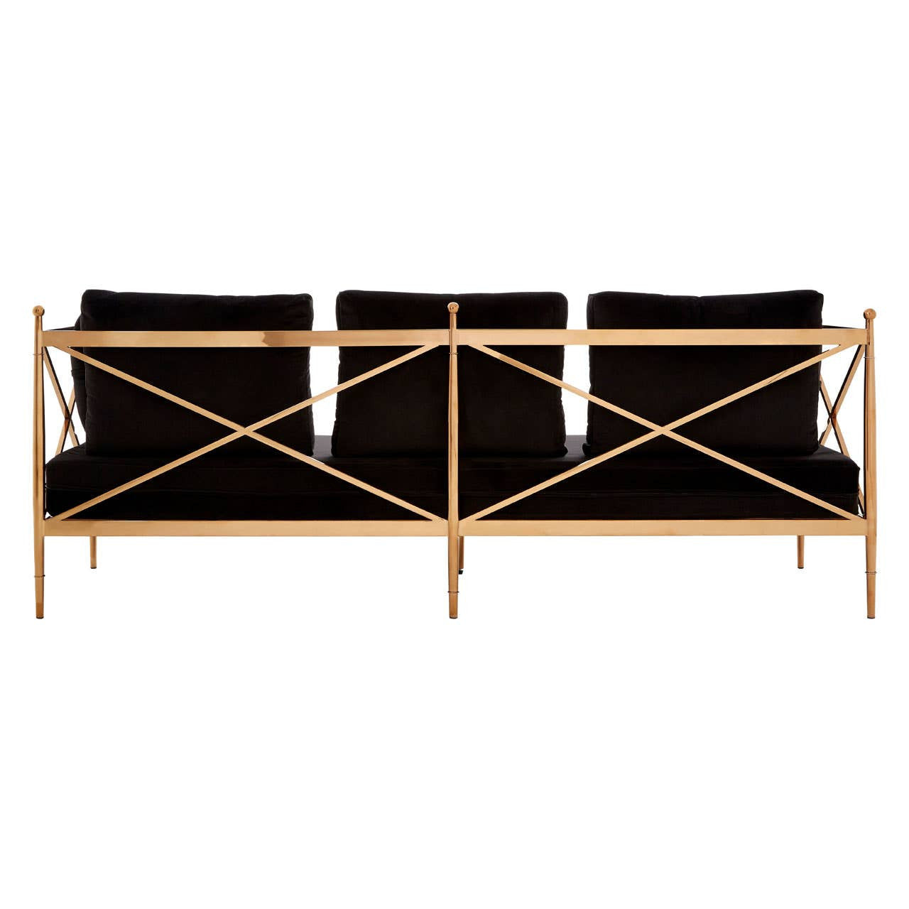 Three-seater sofa featuring a sleek black velvet upholstery and a stylish rose gold frame, showcasing a modern design with a crisscross pattern on the backrest. The sofa is positioned upright, highlighting its elegant silhouette and plush cushions