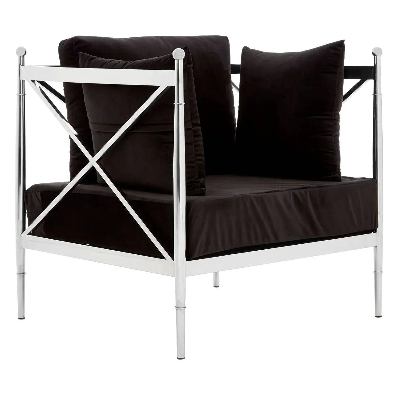 Chrome frame armchair with black velvet cushions, side angle view