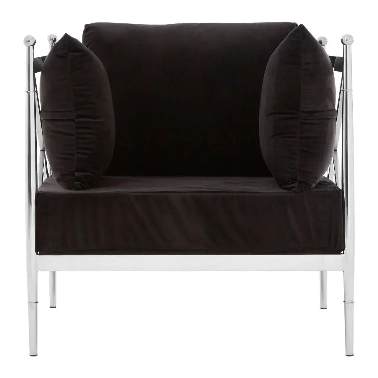 Black velvet armchair with chrome frame and matching cushions, front view