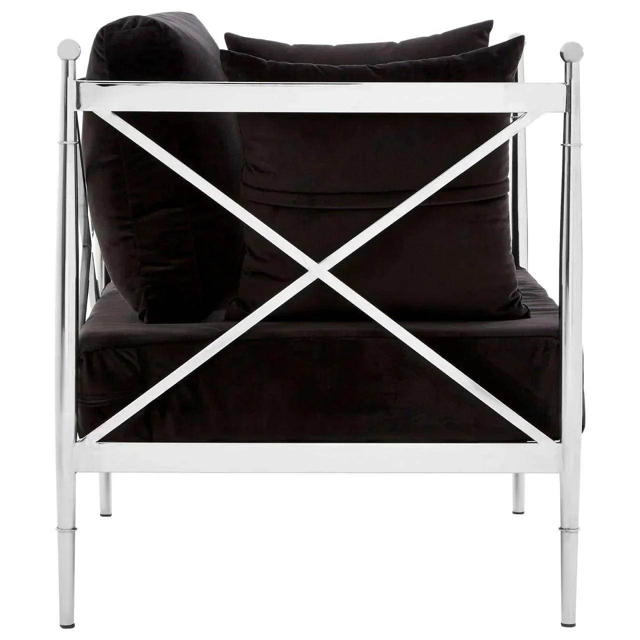 Side view of modern armchair with chrome frame and black velvet cushions