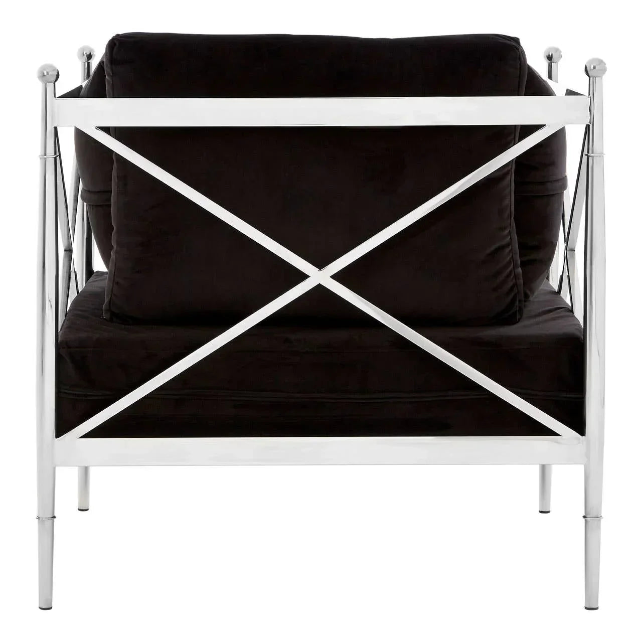 Modern armchair with chrome metal frame and black velvet cushions, rear view