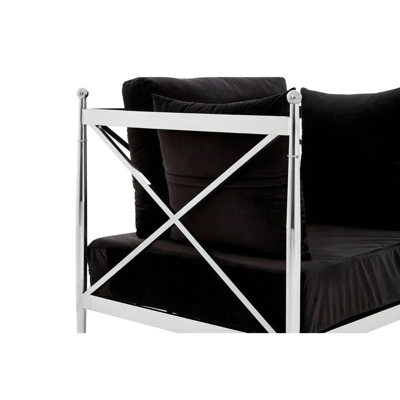 Chrome metal sofa frame with black velvet cushions and cross-brace side detail