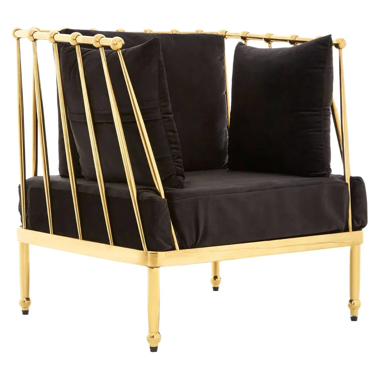 Black velvet armchair with gold metal frame and plush cushions, angled front view