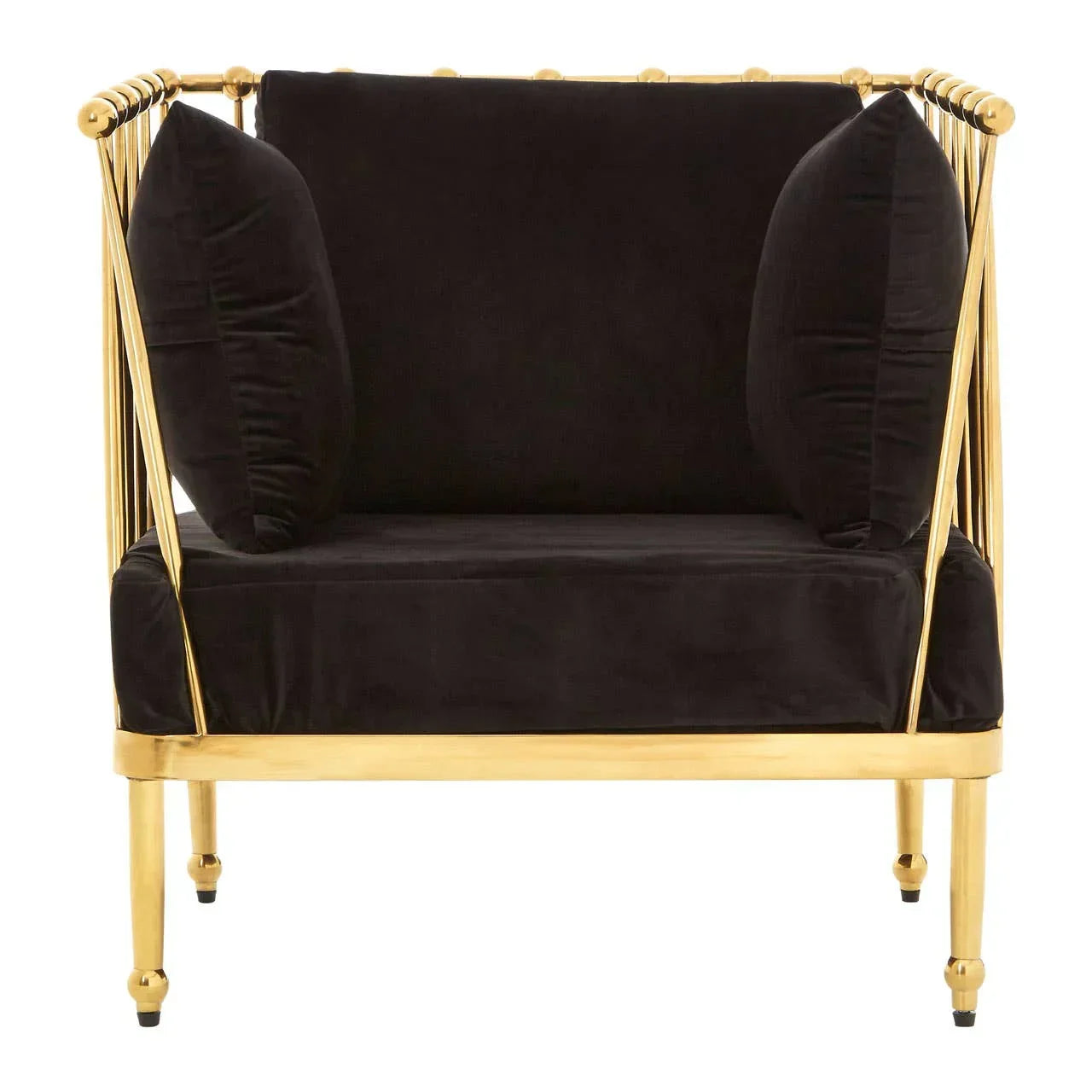 Black velvet armchair with gold metal frame and plush cushions, front view