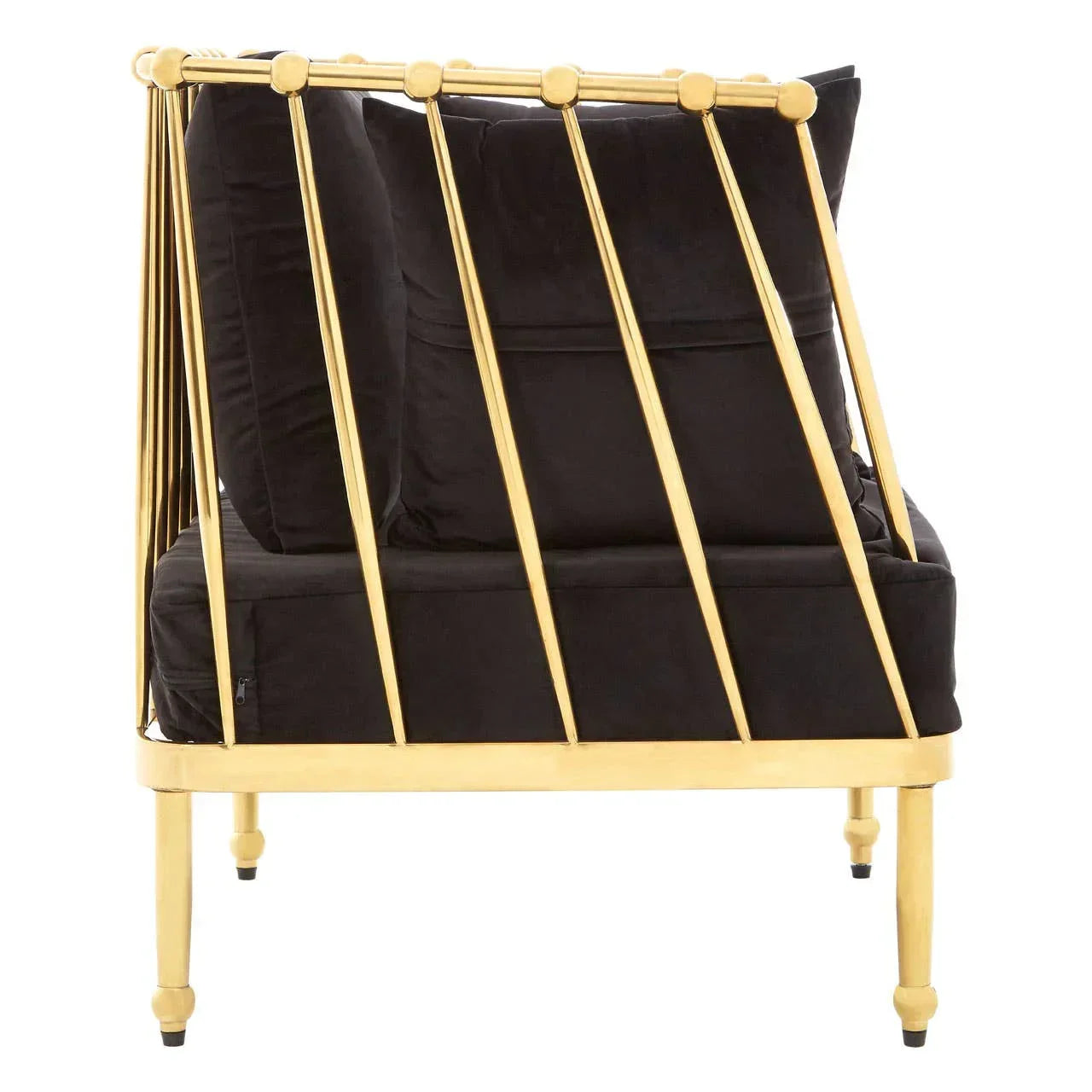 Gold metal accent chair with black velvet cushions and vertical rod backrest, side view