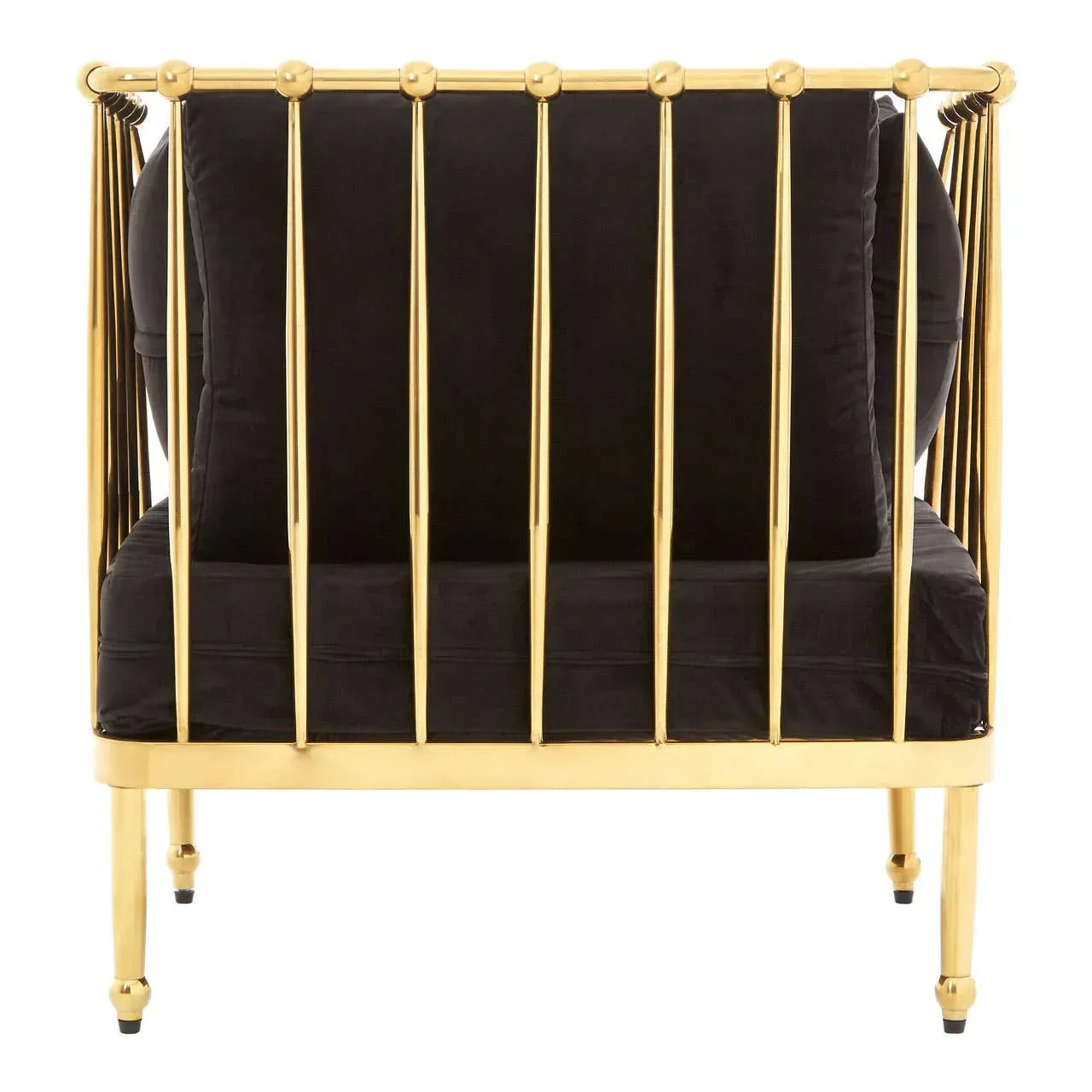 Black velvet armchair with gold metal frame and spindle back view