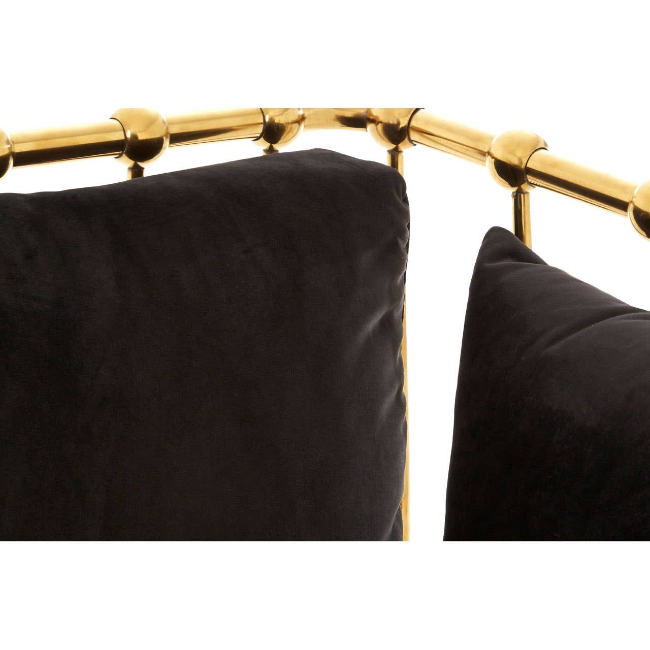 Black velvet upholstery with a sleek gold finish frame, showcasing a modern three-seater sofa design. The sofa features plush cushions and a stylish, curved backrest, highlighting its elegant aesthetic