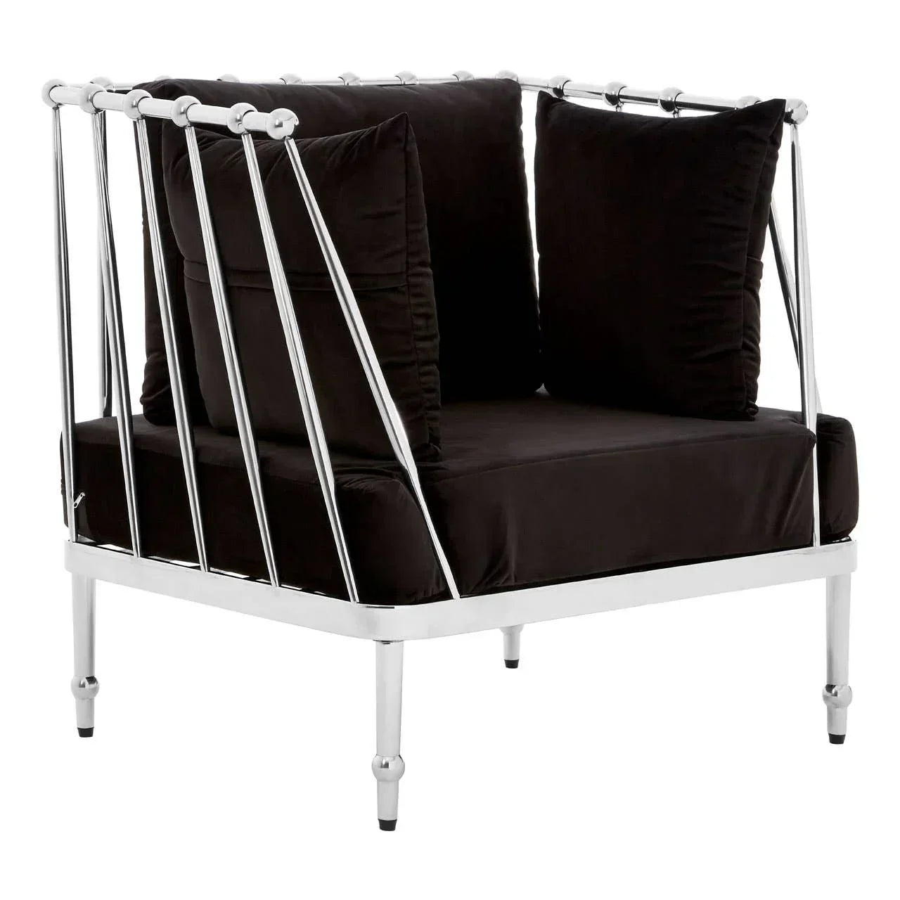 Contemporary armchair with black cushions and chrome metal frame