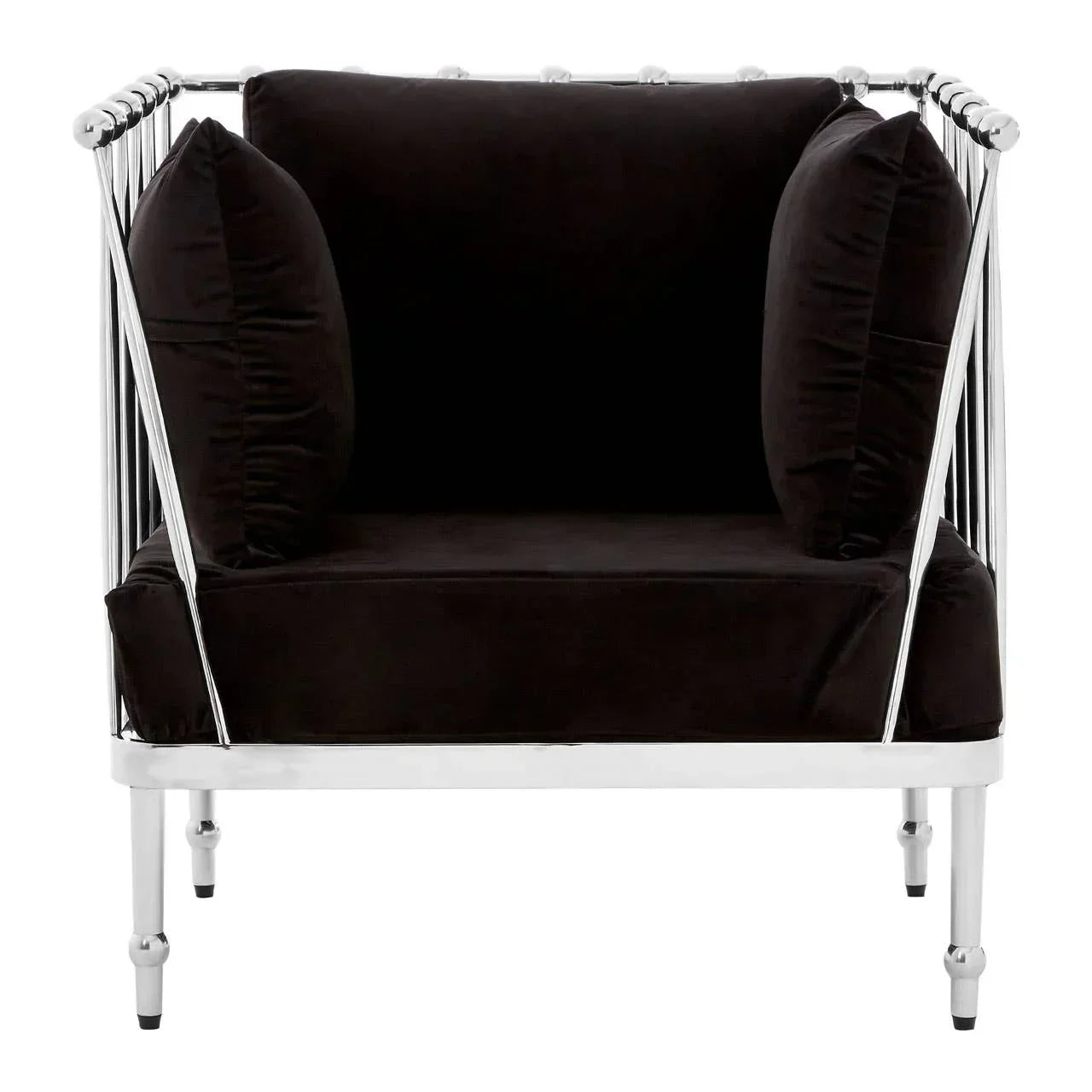 Black velvet armchair with chrome metal frame and plush cushions, front view