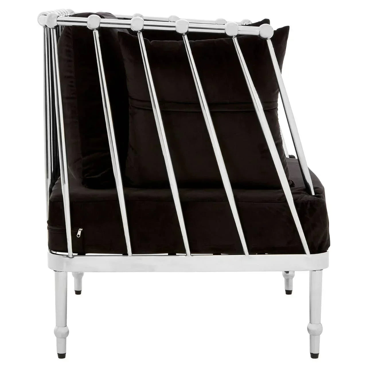 Modern black velvet armchair with silver metal frame and angled back view