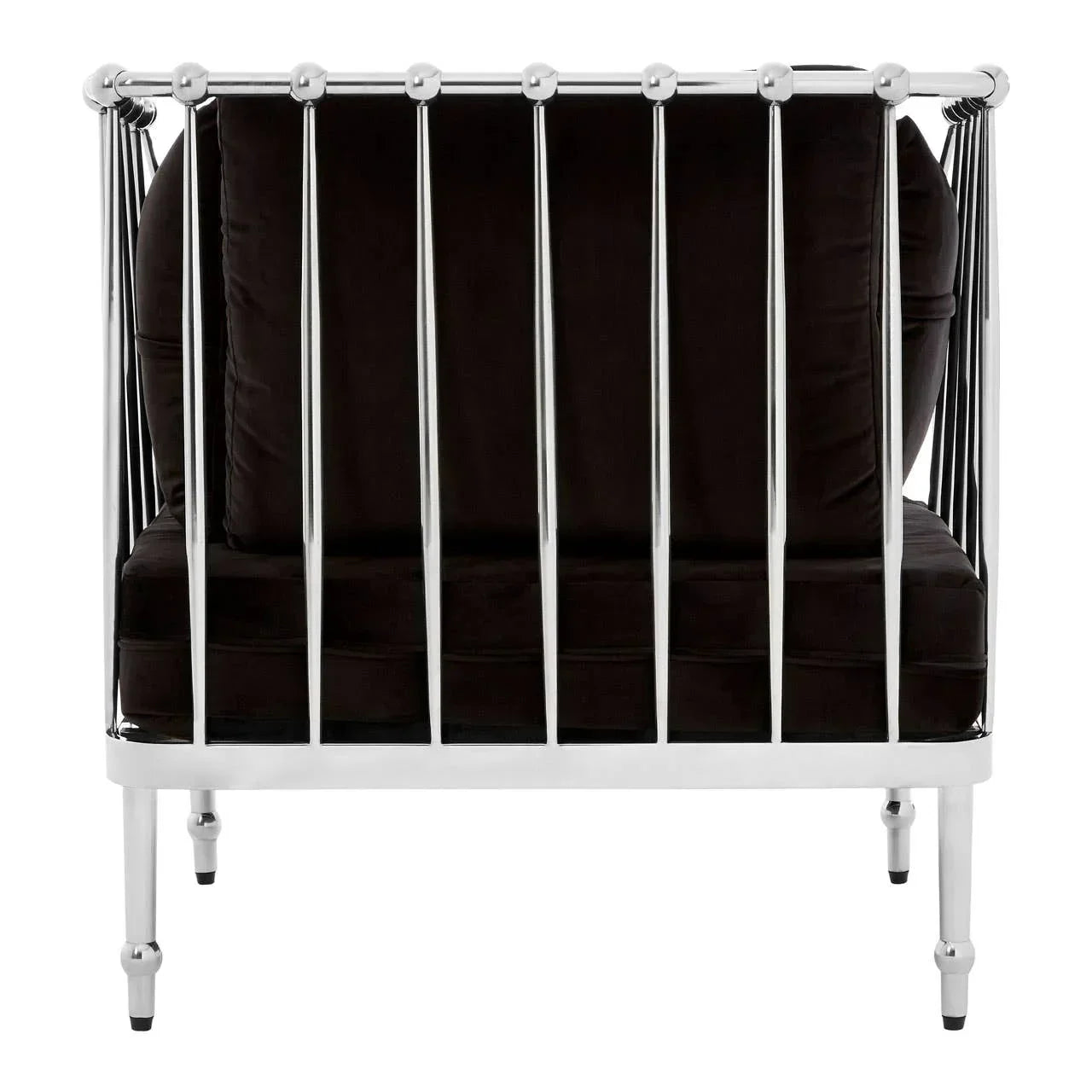 Black velvet armchair with chrome frame and vertical bars, rear view